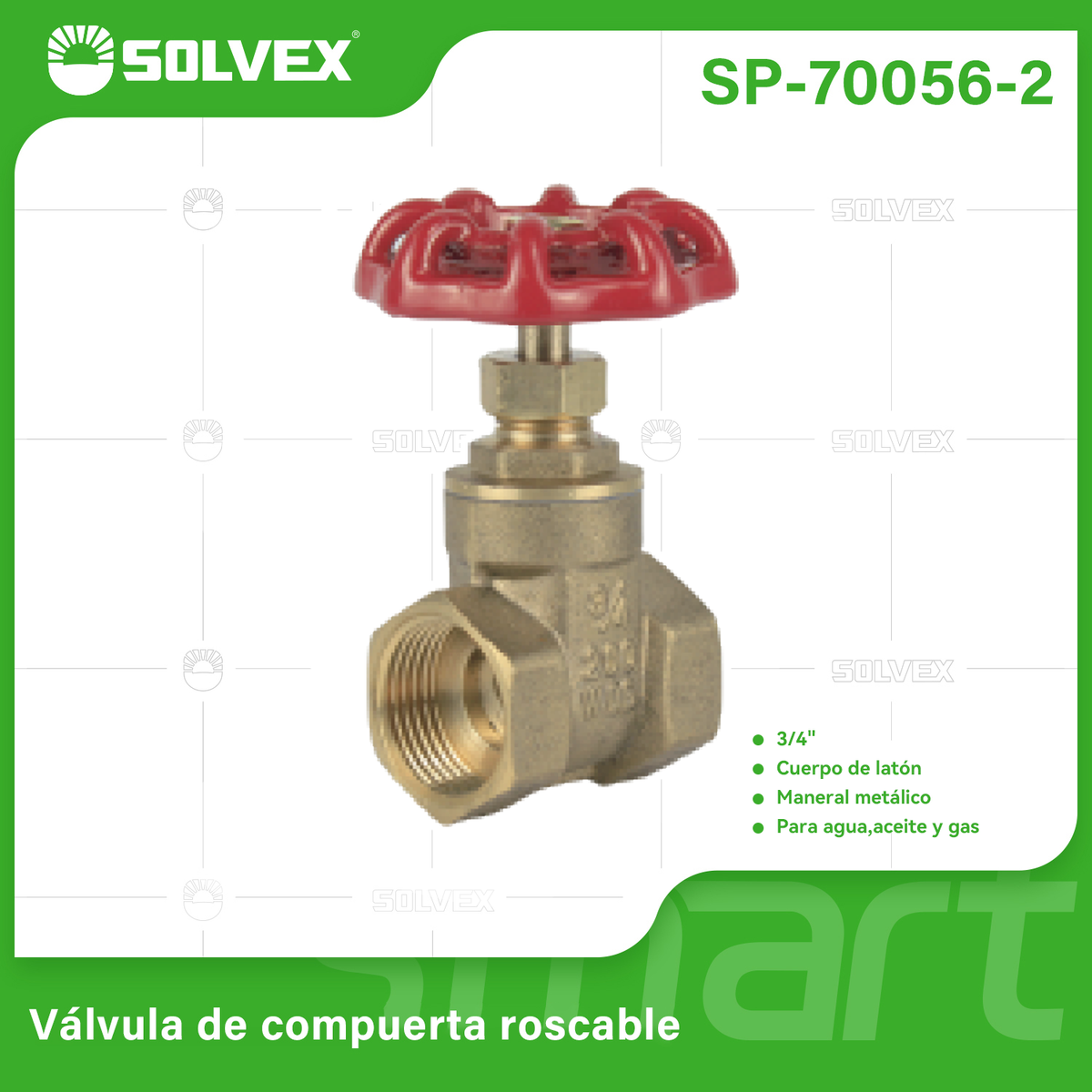 SP-70056-2-(Caja master 1 CTN=100 SKU)-(MOQ 10 SKU)-Válvula de compuerta roscable 3/4"
Cuerpo de latón