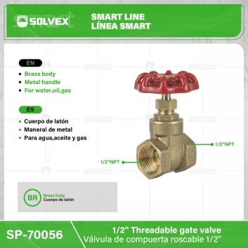 SP-70056-(Caja master 1 CTN=120 SKU)-(MOQ 12 SKU)-Válvula de compuerta roscable 1/2"
Cuerpo de latón