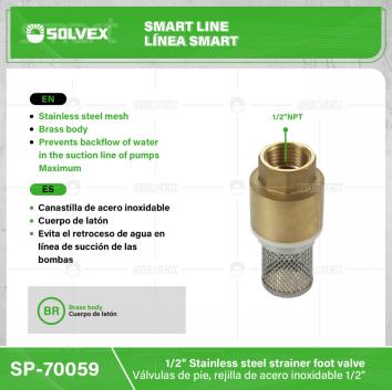 SP-70059-(Caja master 1 CTN=112 SKU)-(MOQ 14 SKU)-Válvulas de pie, rejilla de acero inoxidable 1/2"
Canastilla de acero inoxidable