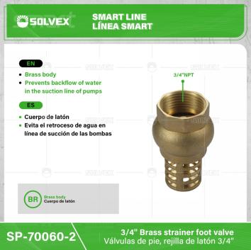 SP-70060-2-(Caja master 1 CTN=144 SKU)-(MOQ 12 SKU)-Válvulas de pie, rejilla de latón 3/4"
Cuerpo de latón