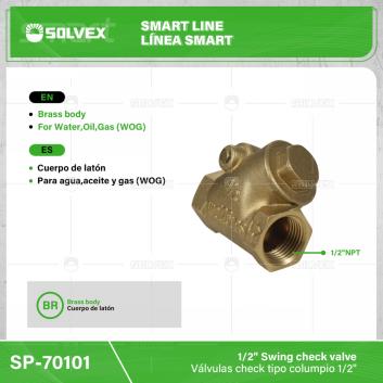 SP-70101-(Caja master 1 CTN=100 SKU)-(MOQ 10 SKU)-Válvulas check tipo columpio 1/2"
Cuerpo de latón