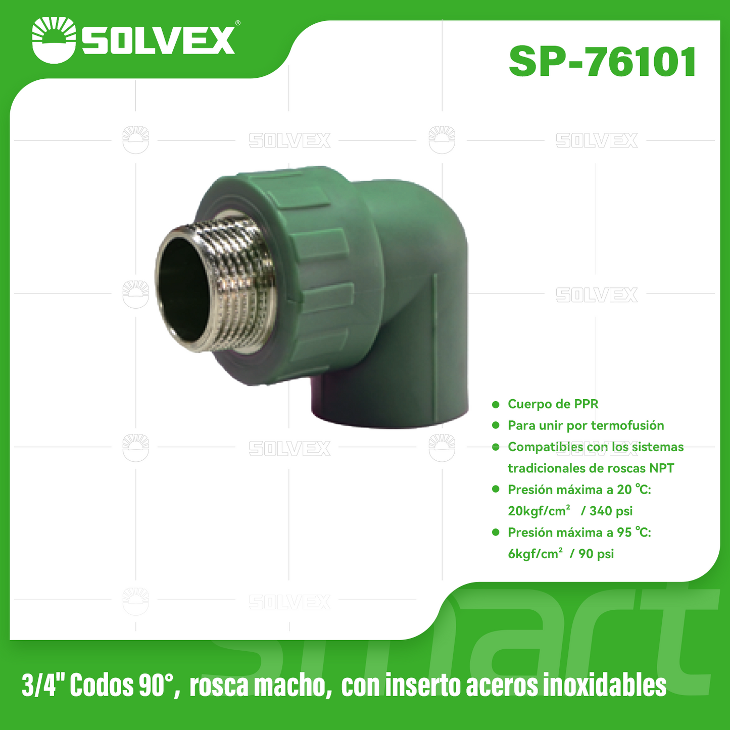 SP-76101-(Caja master 1 CTN=140 SKU)-(MOQ 20 SKU)-3/4"codos 90°, rosca macho,con inserto aceros inoxidables
Cuerpo de PPR