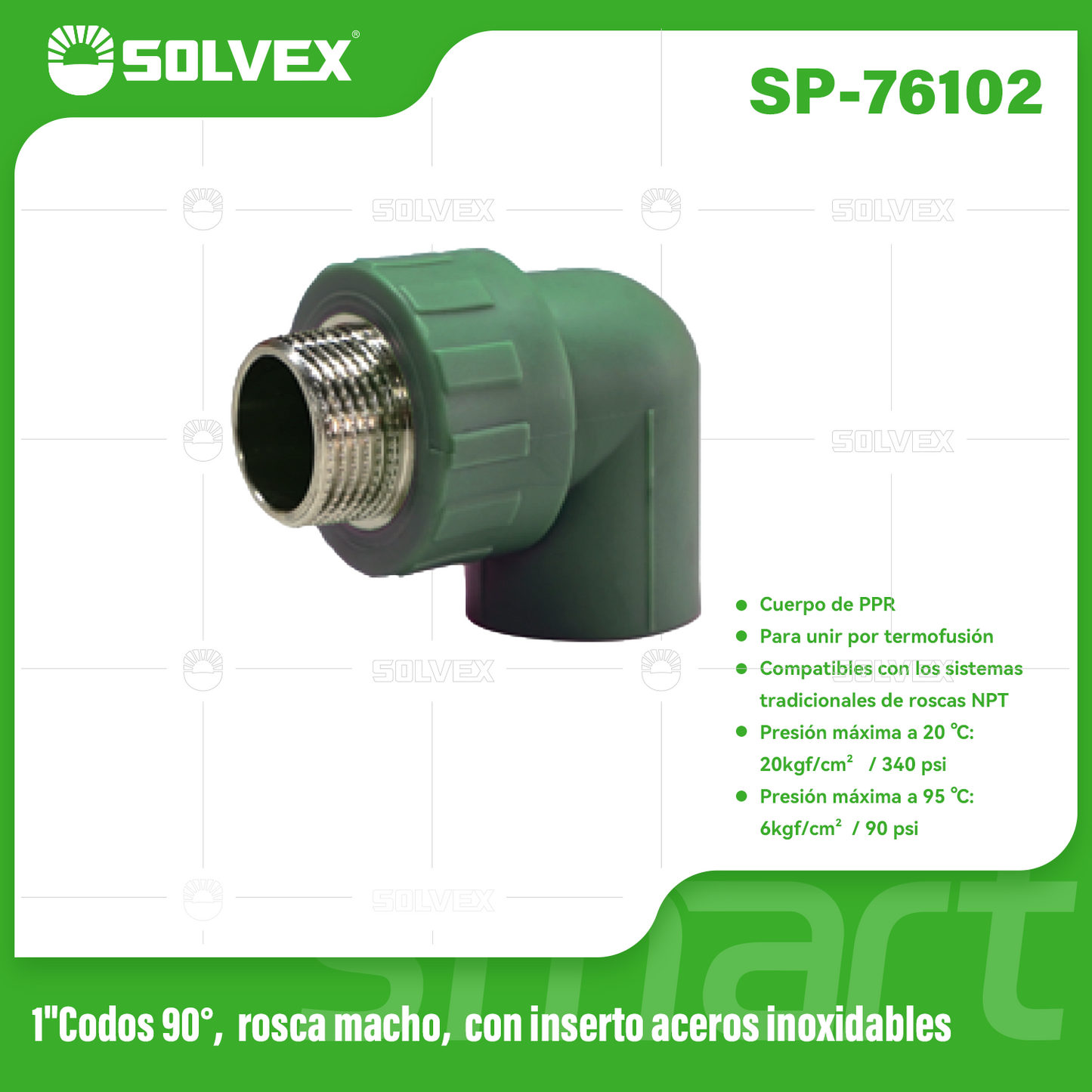 SP-76102-(Caja master 1 CTN=80 SKU)-(MOQ 10 SKU)-1"codos 90°, rosca macho,con inserto aceros inoxidables
Cuerpo de PPR