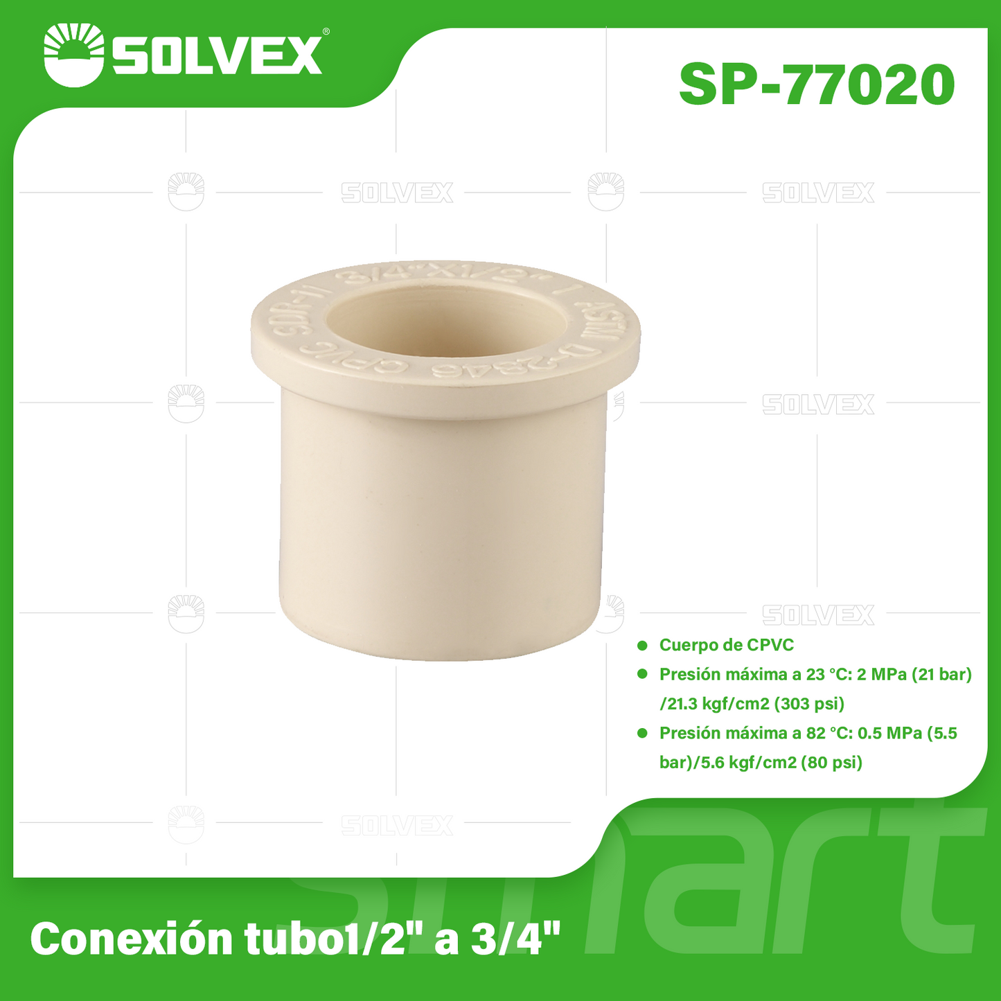 SP-77020-(Caja master 1 CTN=1240 SKU)-(MOQ 20 SKU)-Conexión tubo1/2" a 3/4"
Cuerpo de CPVC