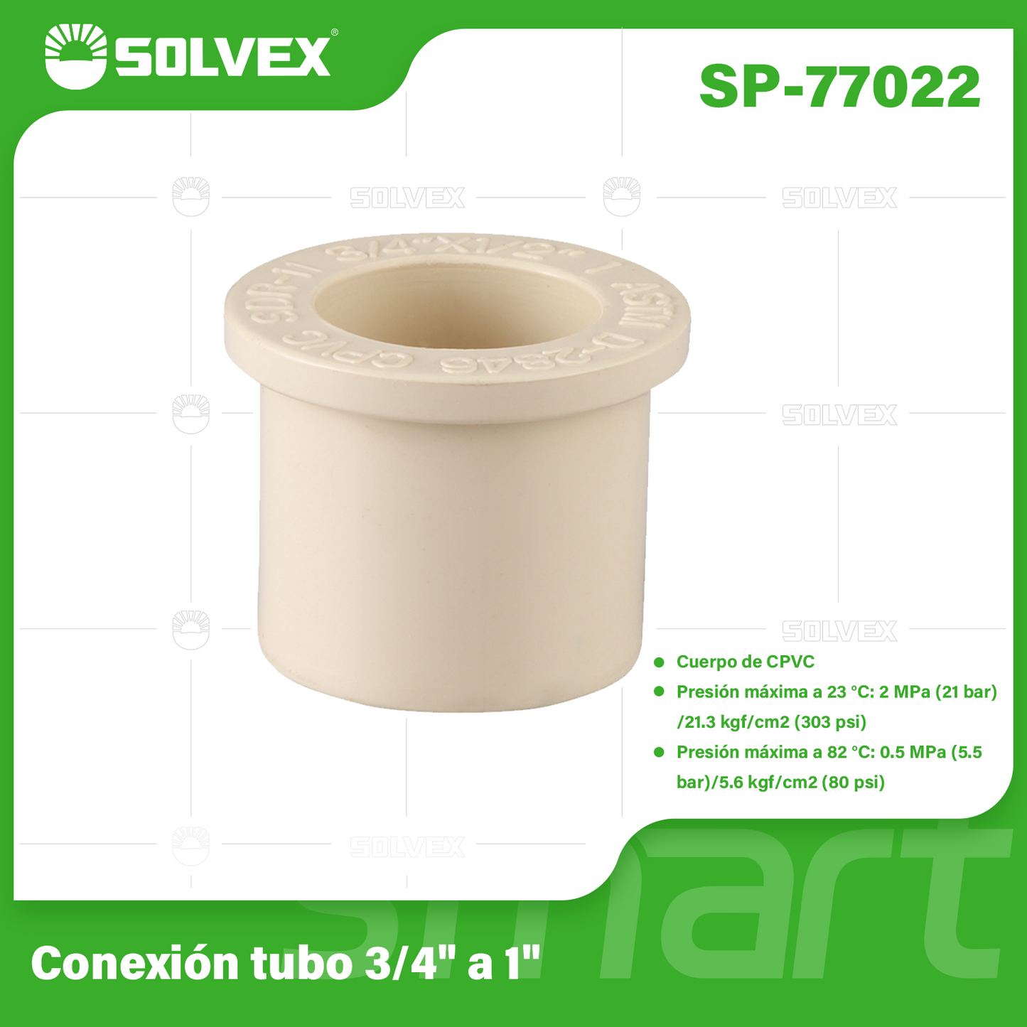 SP-77022-(Caja master 1 CTN=540 SKU)-(MOQ 20 SKU)-Conexión tubo3/4" a 1"
Cuerpo de CPVC