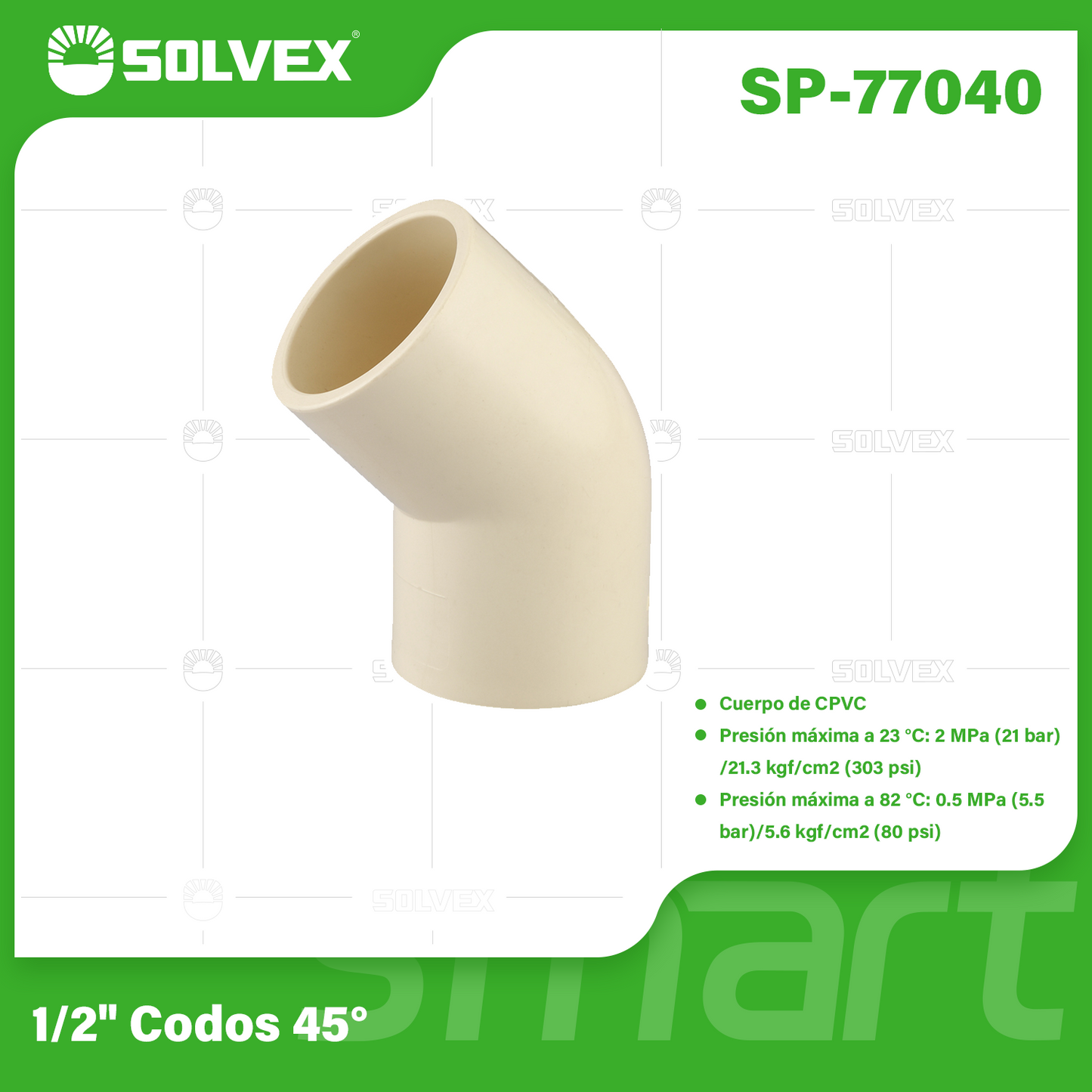 SP-77040-(Caja master 1 CTN=920 SKU)-(MOQ 20 SKU)-1/2" codos 45°
Cuerpo de CPVC