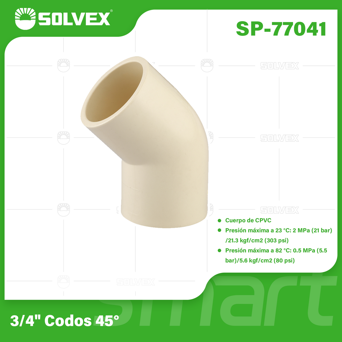 SP-77041-(Caja master 1 CTN=400 SKU)-(MOQ 20 SKU)-3/4" codos 45°
Cuerpo de CPVC