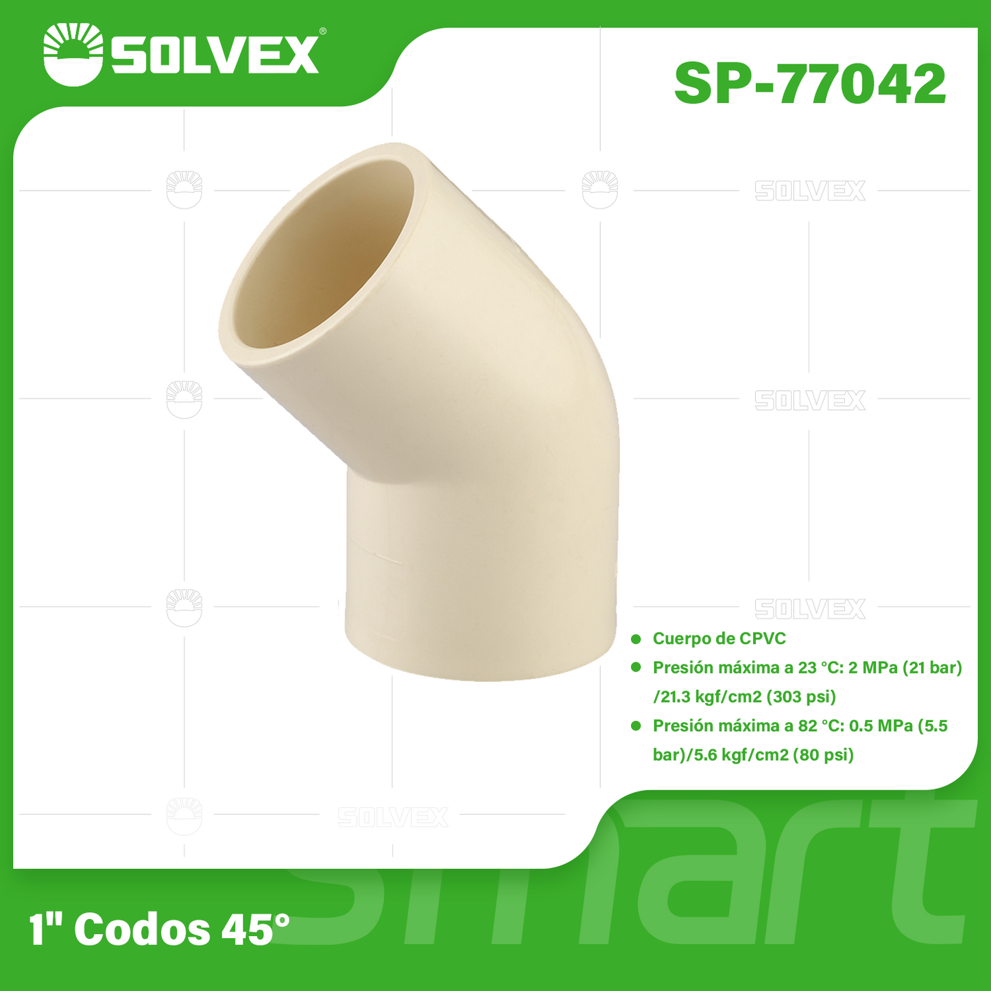 SP-77042-(Caja master 1 CTN=200 SKU)-(MOQ 20 SKU)-1" codos 45°
Cuerpo de CPVC