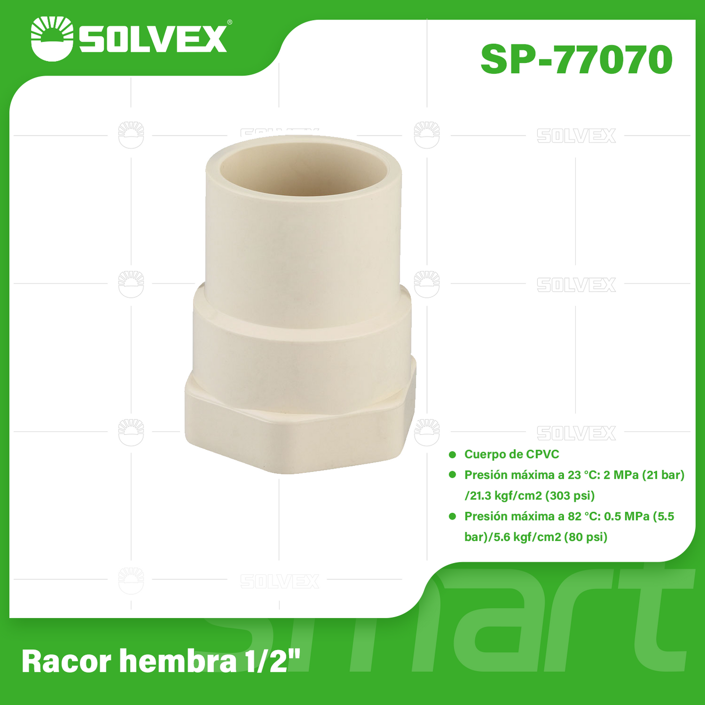 SP-77070-(Caja master 1 CTN=620 SKU)-(MOQ 20 SKU)-Racor hembra 1/2"
Cuerpo de CPVC