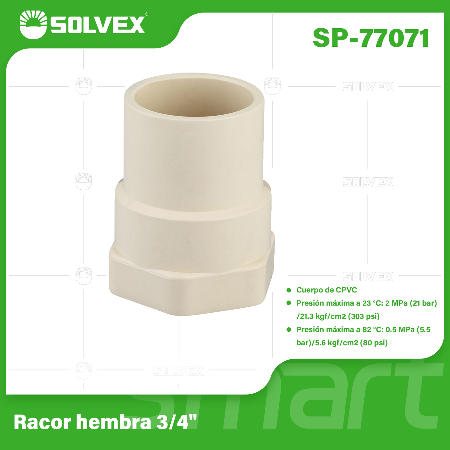 SP-77071-(Caja master 1 CTN=360 SKU)-(MOQ 20 SKU)-Racor hembra 3/4"
Cuerpo de CPVC