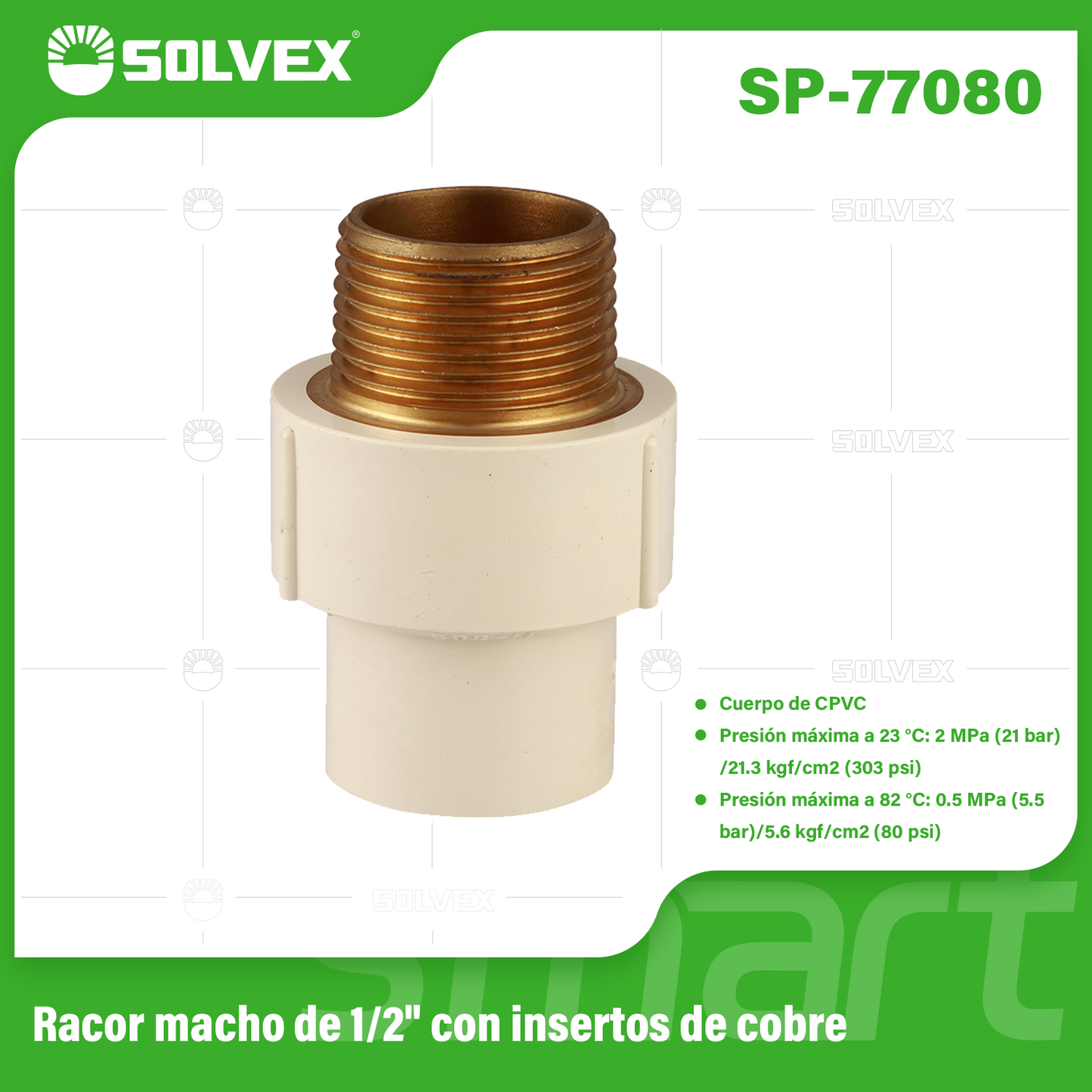 SP-77080-(Caja master 1 CTN=300 SKU)-(MOQ 10 SKU)-Racor macho de 1/2" con insertos de cobre
Cuerpo de CPVC