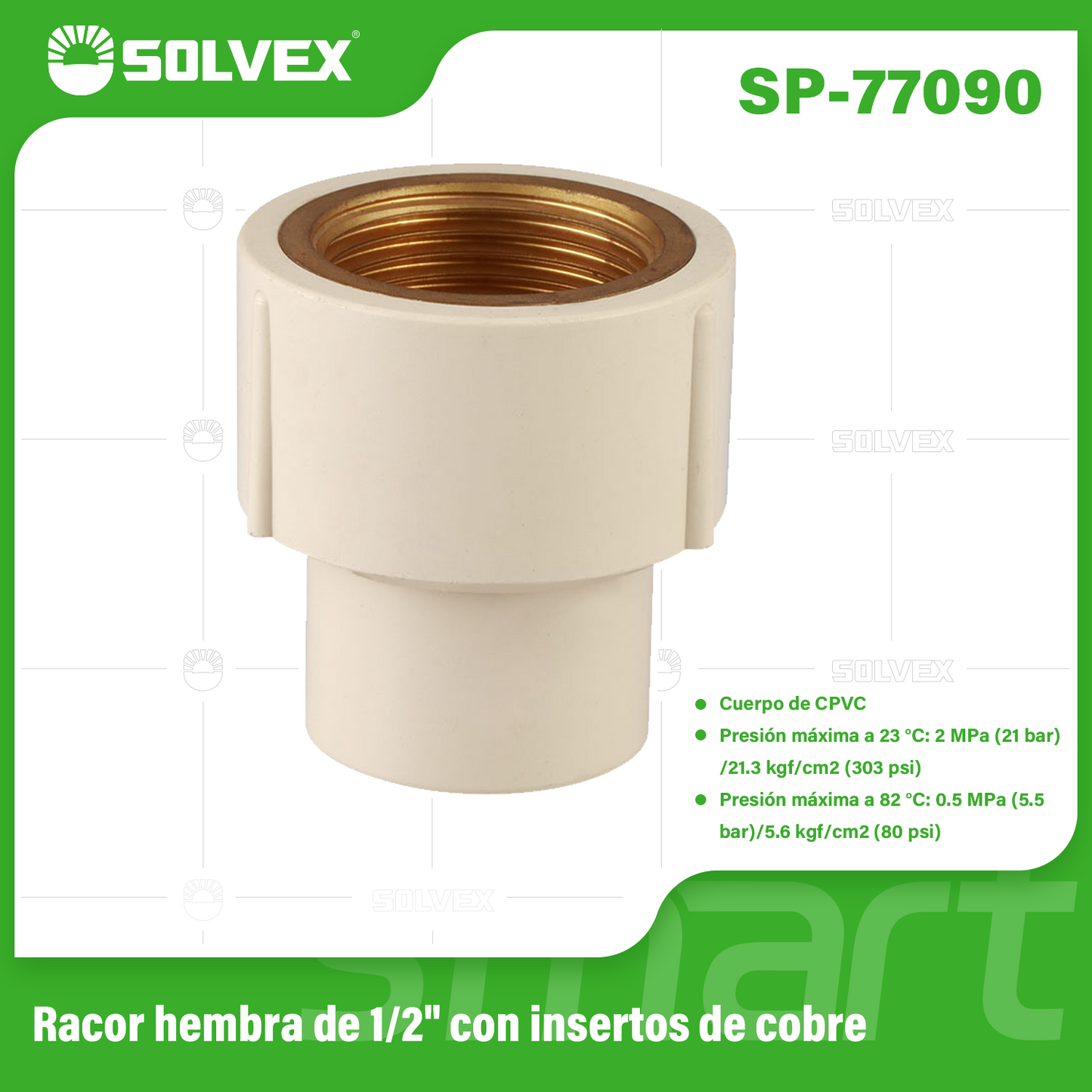 SP-77090-(Caja master 1 CTN=330 SKU)-(MOQ 10 SKU)-Racor hembra de 1/2" con insertos de cobre
Cuerpo de CPVC