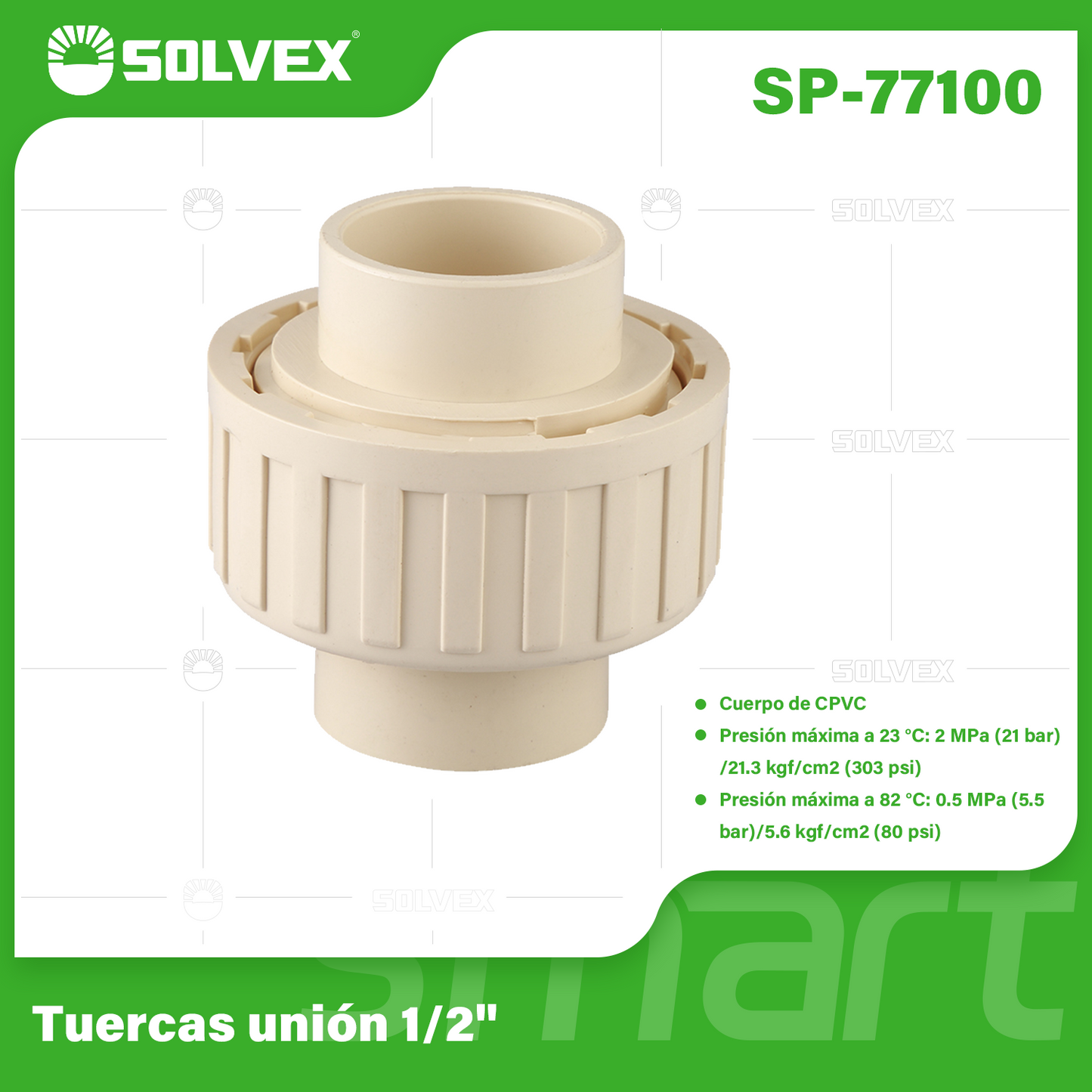 SP-77100-(Caja master 1 CTN=320 SKU)-(MOQ 20 SKU)-Tuercas unión 1/2"
Cuerpo de CPVC