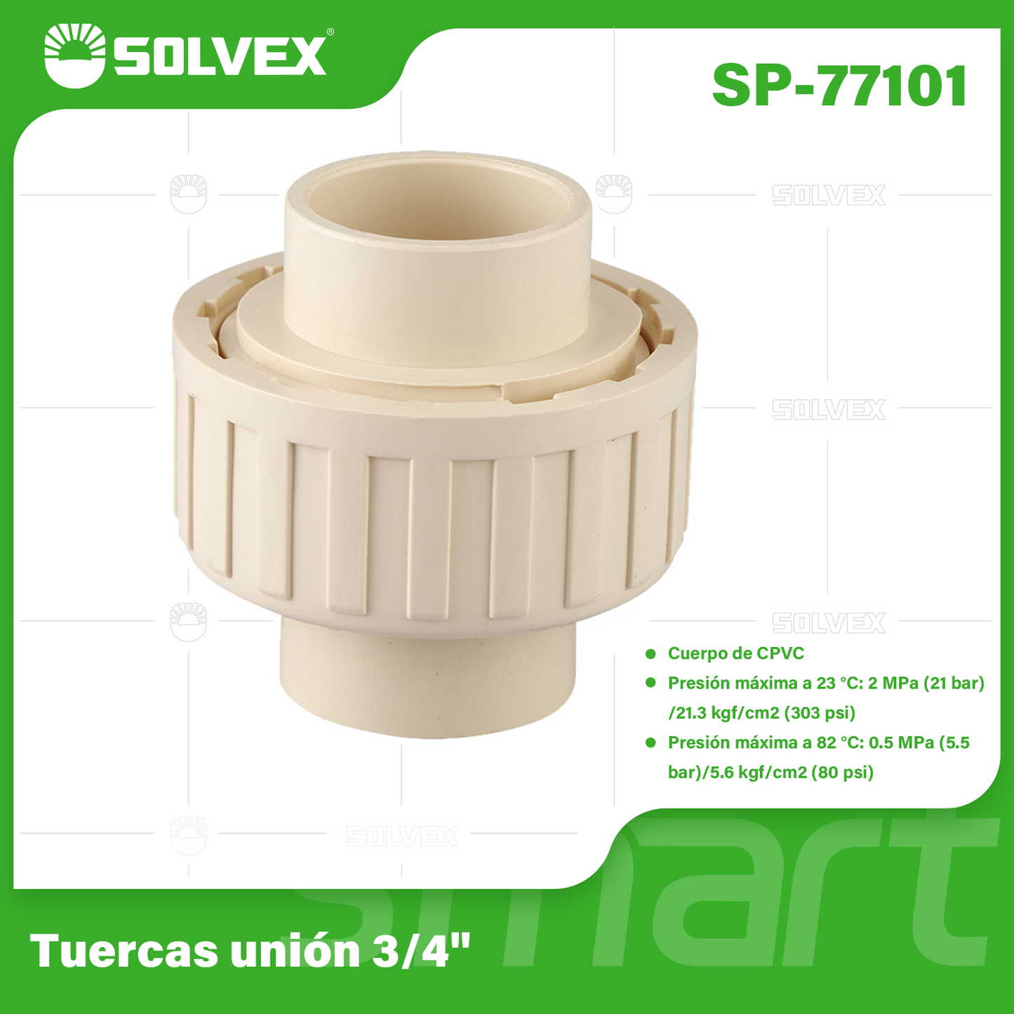 SP-77101-(Caja master 1 CTN=200 SKU)-(MOQ 20 SKU)-Tuercas unión 3/4"
Cuerpo de CPVC
