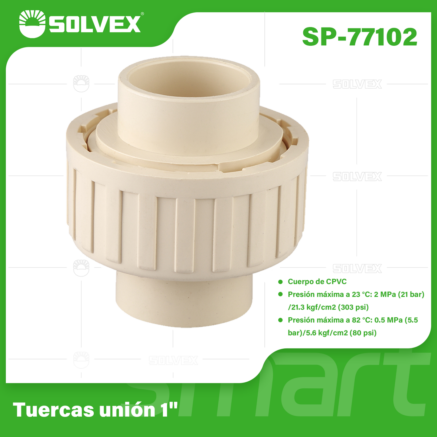 SP-77102-(Caja master 1 CTN=120 SKU)-(MOQ 20 SKU)-Tuercas unión 1"
Cuerpo de CPVC