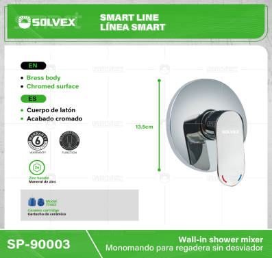 SP-90003-(Caja master 1 CTN=12 SKU)-(MOQ 1 SKU)-Monomando para regadera sin desviador
Cuerpo de latón