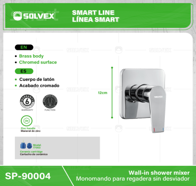 SP-90004-(Caja master 1 CTN=12 SKU)-(MOQ 1 SKU)-Monomando para regadera sin desviador
Cuerpo de latón