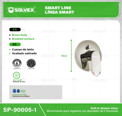 SP-90005-1-(Caja master 1 CTN=10 SKU)-(MOQ 1 SKU)-Monomando para regadera con desviador de 2 funciones
Cuerpo de latón