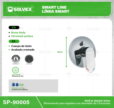 SP-90005-(Caja master 1 CTN=10 SKU)-(MOQ 1 SKU)-Monomando para regadera con desviador de 2 funciones
Cuerpo de latón