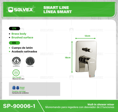 SP-90006-1-(Caja master 1 CTN=10 SKU)-(MOQ 1 SKU)-Monomando para regadera con desviador de 2 funciones
Cuerpo de latón
