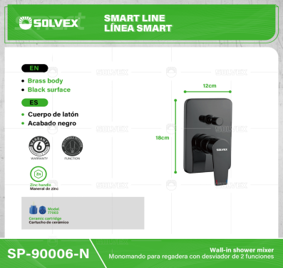 SP-90006-N-(Caja master 1 CTN=10 SKU)-(MOQ 1 SKU)-Monomando para regadera con desviador de 2 funciones
Cuerpo de latón