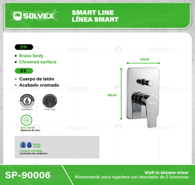 SP-90006-(Caja master 1 CTN=10 SKU)-(MOQ 1 SKU)-Monomando para regadera con desviador de 2 funciones
Cuerpo de latón