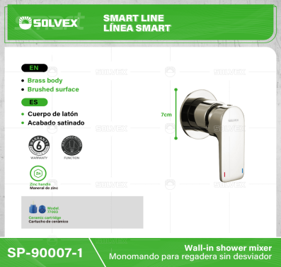 SP-90007-1-(Caja master 1 CTN=12 SKU)-(MOQ 1 SKU)-Monomando para regadera sin desviador
Cuerpo de latón