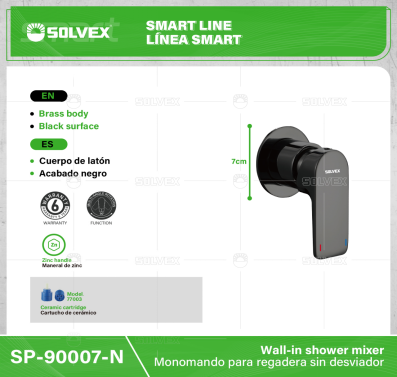 SP-90007-N-(Caja master 1 CTN=12 SKU)-(MOQ 1 SKU)-Monomando para regadera sin desviador
Cuerpo de latón