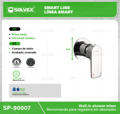 SP-90007-(Caja master 1 CTN=12 SKU)-(MOQ 1 SKU)-Monomando para regadera sin desviador
Cuerpo de latón