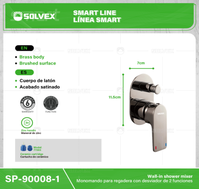 SP-90008-1-(Caja master 1 CTN=10 SKU)-(MOQ 1 SKU)-Monomando para regadera con desviador de 2 funciones
Cuerpo de latón