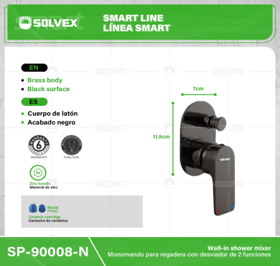 SP-90008-N-(Caja master 1 CTN=10 SKU)-(MOQ 1 SKU)-Monomando para regadera con desviador de 2 funciones
Cuerpo de latón
