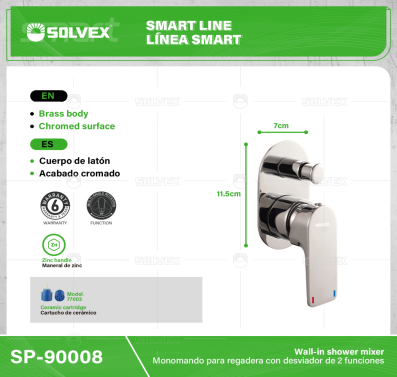 SP-90008-(Caja master 1 CTN=10 SKU)-(MOQ 1 SKU)-Monomando para regadera con desviador de 2 funciones
Cuerpo de latón