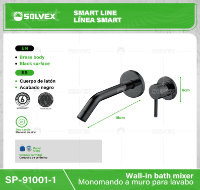 SP-91001-N-(Caja master 1 CTN=10 SKU)-(MOQ 1 SKU)-Monomando a muro para lavabo
Cuerpo de latón