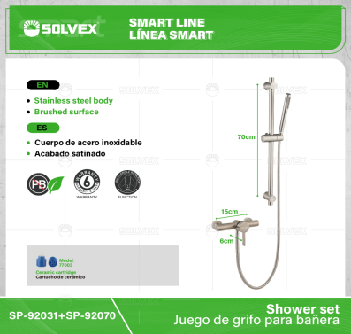 SP-92031+SP-92070-(Caja master 1 CTN=12 SKU)-(MOQ 1 SKU)-Juego de grifo para bañera
Cuerpo y maneral de acero inoxidable