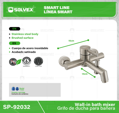 SP-92032-(Caja master 1 CTN=12 SKU)-(MOQ 1 SKU)-Grifo de ducha para bañera
Cuerpo y maneral de acero inoxidable