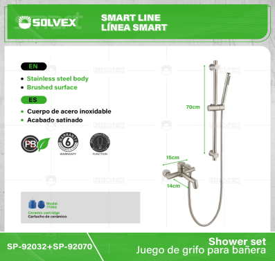 SP-92032+SP-92070-(Caja master 1 CTN=12 SKU)-(MOQ 1 SKU)-Juego de grifo para bañera
Cuerpo y maneral de acero inoxidable