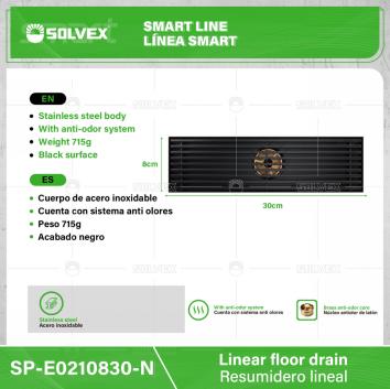 SP-E0210830-N-(Caja master 1 CTN=20 SKU)-(MOQ 1 SKU)-Resumidero lineal
Cuerpo de acero inoxidable