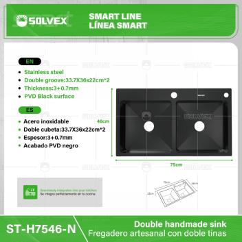 ST-H7546-N-(Caja master 1 CTN=1 SKU)-(MOQ 1 SKU)-Fregadero artesanal con doble tinas
Acero inoxidable