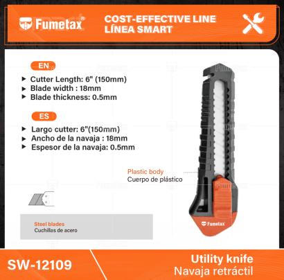 SW-12109-(Caja master 1 CTN=240 SKU)-(MOQ 24 SKU)-Largo cutter: 6"(150mm)
Ancho de la navaja : 18mm