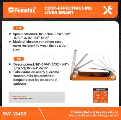 SW-13403-(Caja master 1 CTN=48 SKU)-(MOQ 12 SKU)-Fabricadas en acero al cromo vanadio,más resistentes al desgaste que las de acero al carbono
Acabado satinado,más resistente a la corrosió