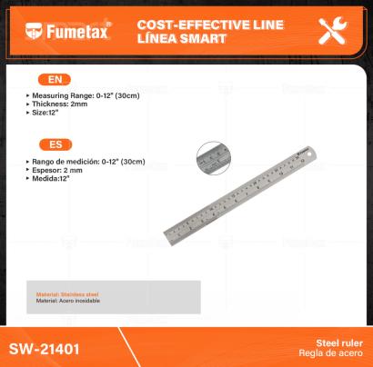 SW-21401-(Caja master 1 CTN=120 SKU)-(MOQ 10 SKU)-Rango de medición: 0-12" (30cm)
Espesor: 2 mm