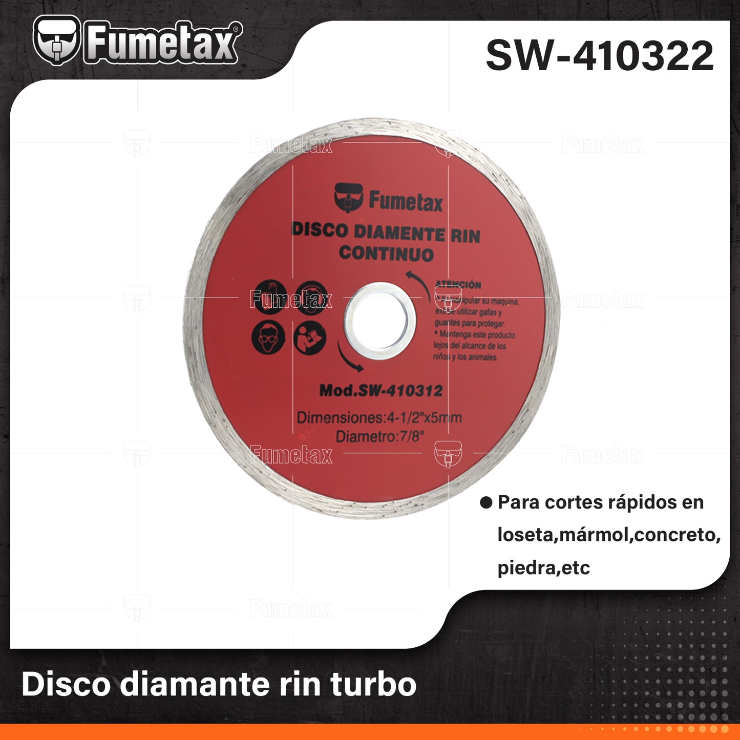 SW-410322-(Caja master 1 CTN=200 SKU)-(MOQ 1 SKU)-Discos de diamante rin turbo
Para corte rápido y fino en loseta, piedra, mármol y concreto