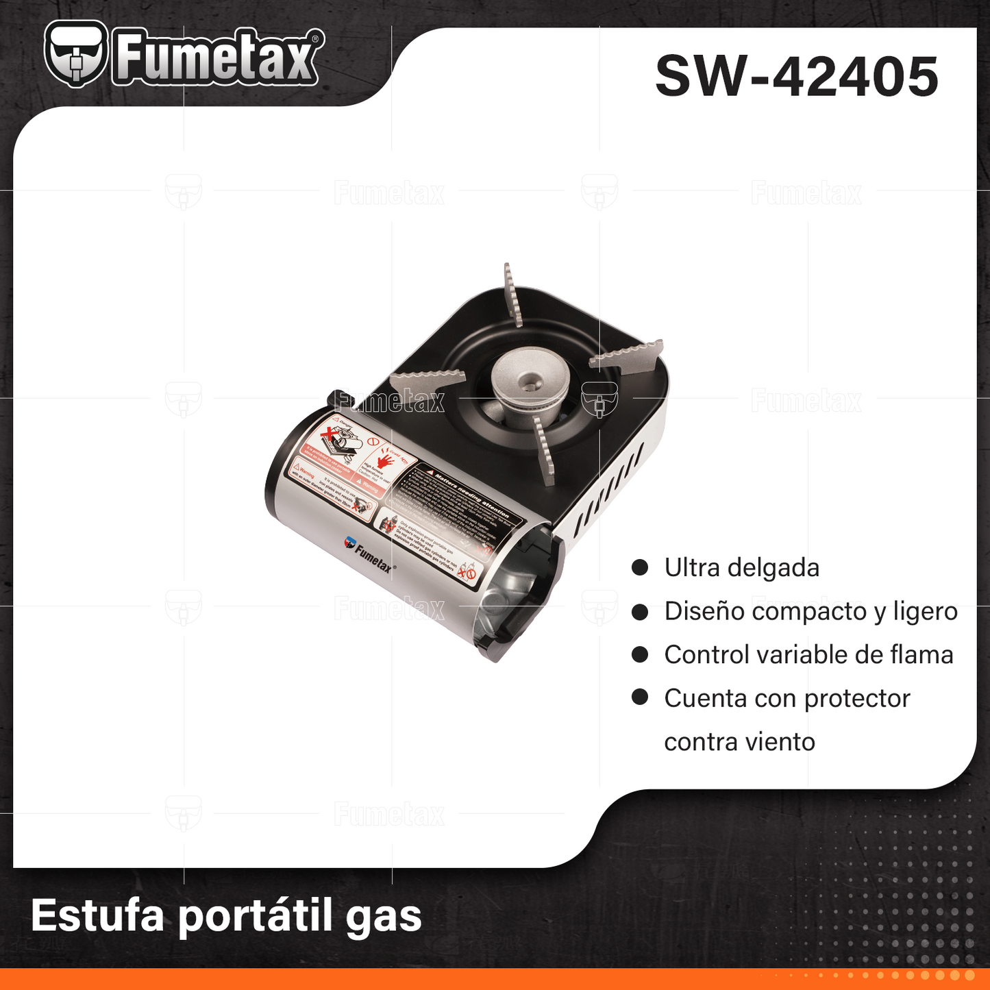 SW-42405-(Caja master 1 CTN=12 SKU)-(MOQ 1 SKU)-Estufa portátil gas
Cabezal y soporte del quemador de aluminio de alta resistencia