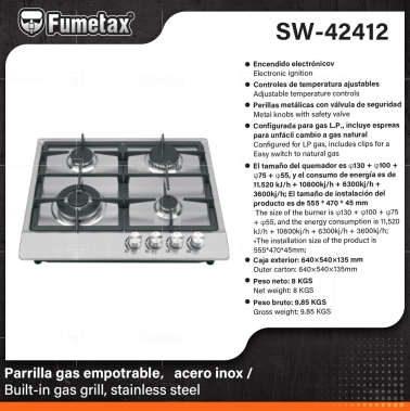 SW-42412-(Caja master 1 CTN=1 SKU)-(MOQ 1 SKU)-Parrilla gas empotrable
Encendido electrónico