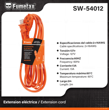 SW-54012-(Caja master 1 CTN=36 SKU)-(MOQ 1 SKU)-Extensión Eléctrica de uso rudo
Recubierta de PVC resistente a la propagación de la flama