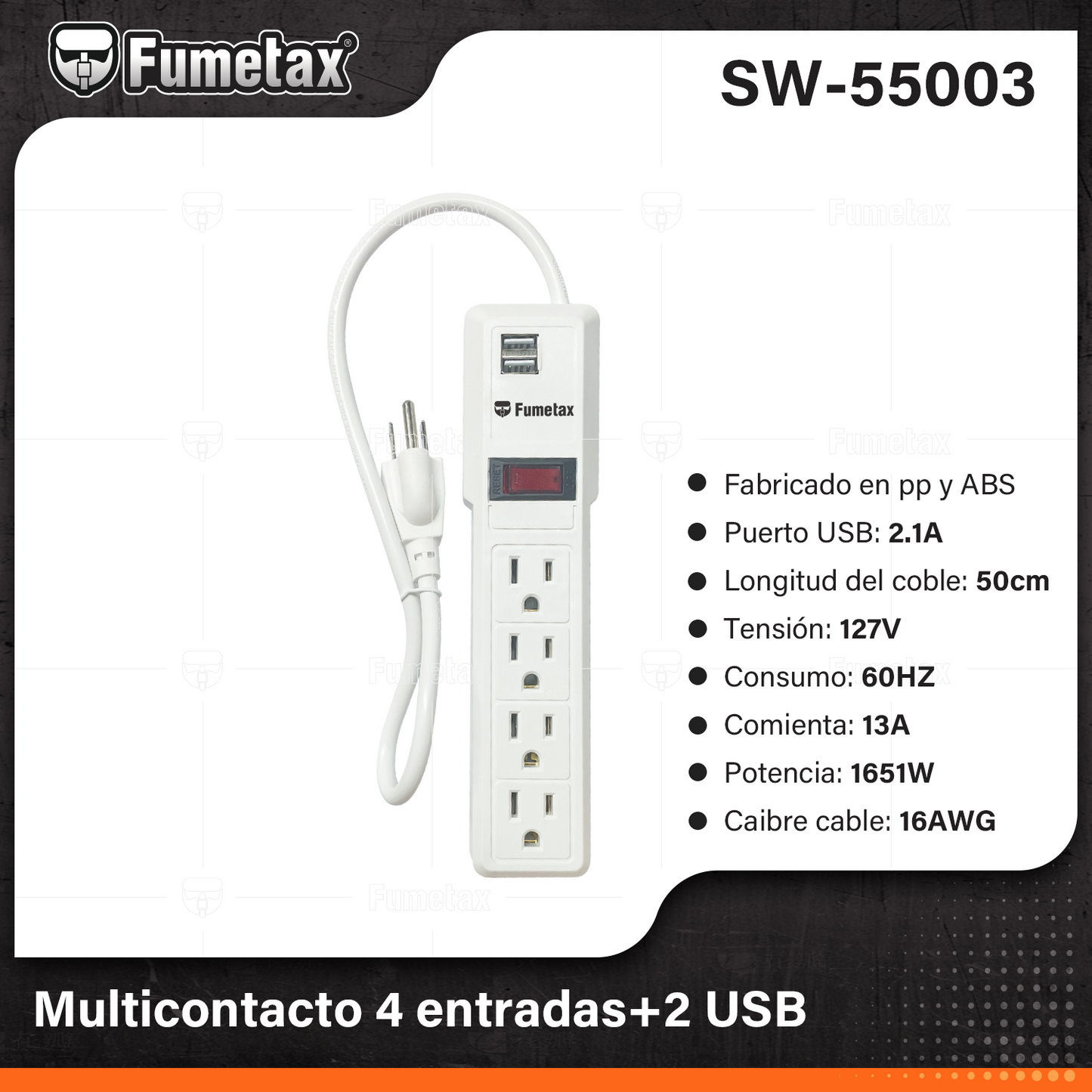 SW-55002-(Caja master 1 CTN=36 SKU)-(MOQ 1 SKU)-Multicontacto 4 entradas+2 USB
Fabricado en pp y ABS