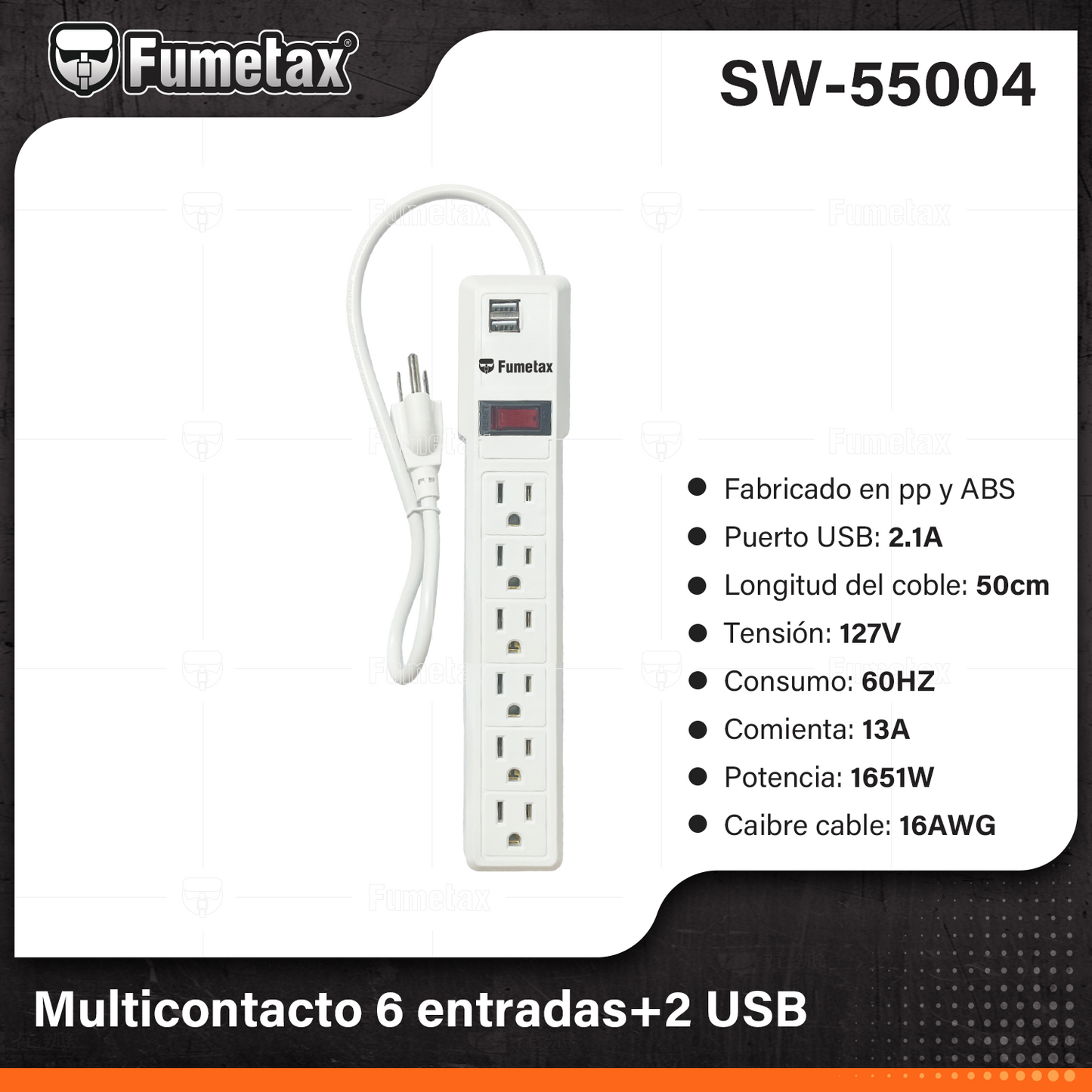 SW-55004-(Caja master 1 CTN=36 SKU)-(MOQ 1 SKU)-Multicontacto 6 entradas+2 USB
Fabricado en pp y ABS
