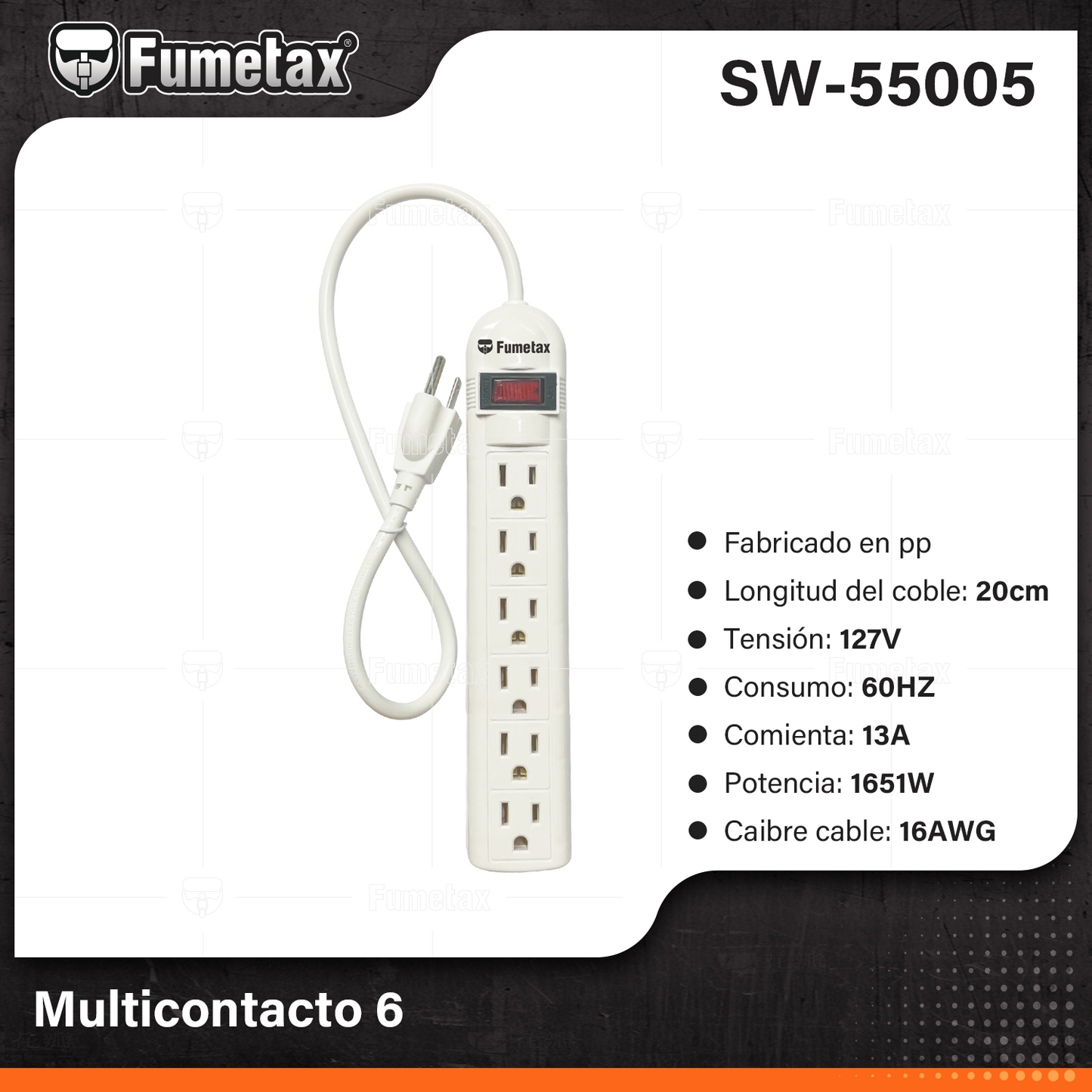 SW-55005-(Caja master 1 CTN=36 SKU)-(MOQ 1 SKU)-Multicontacto 6 entradas
Fabricado en pp