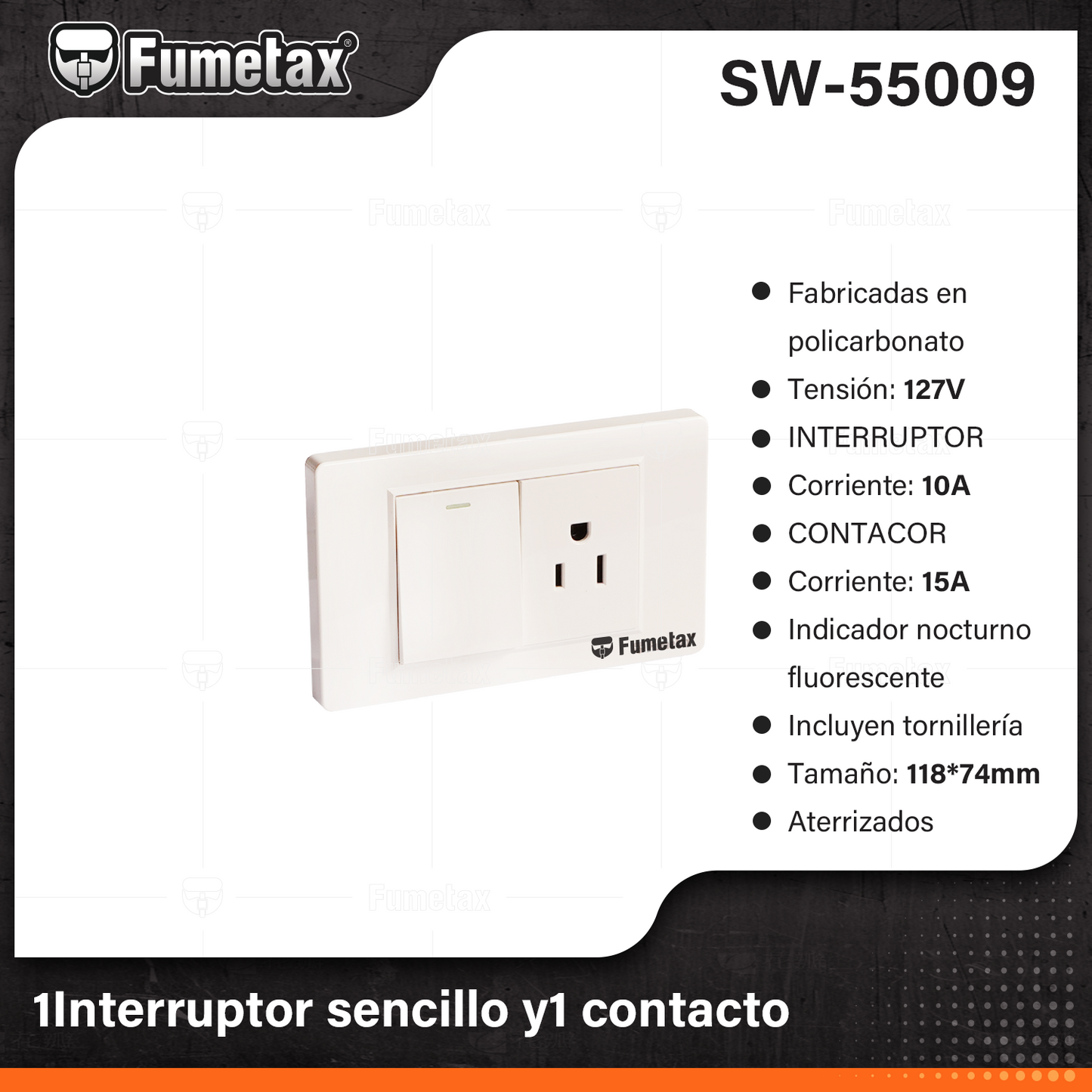 SW-55009-(Caja master 1 CTN=100 SKU)-(MOQ 10 SKU)-Placa armada 1 interruptor,1 contacto
Fabricadas en policarbonato