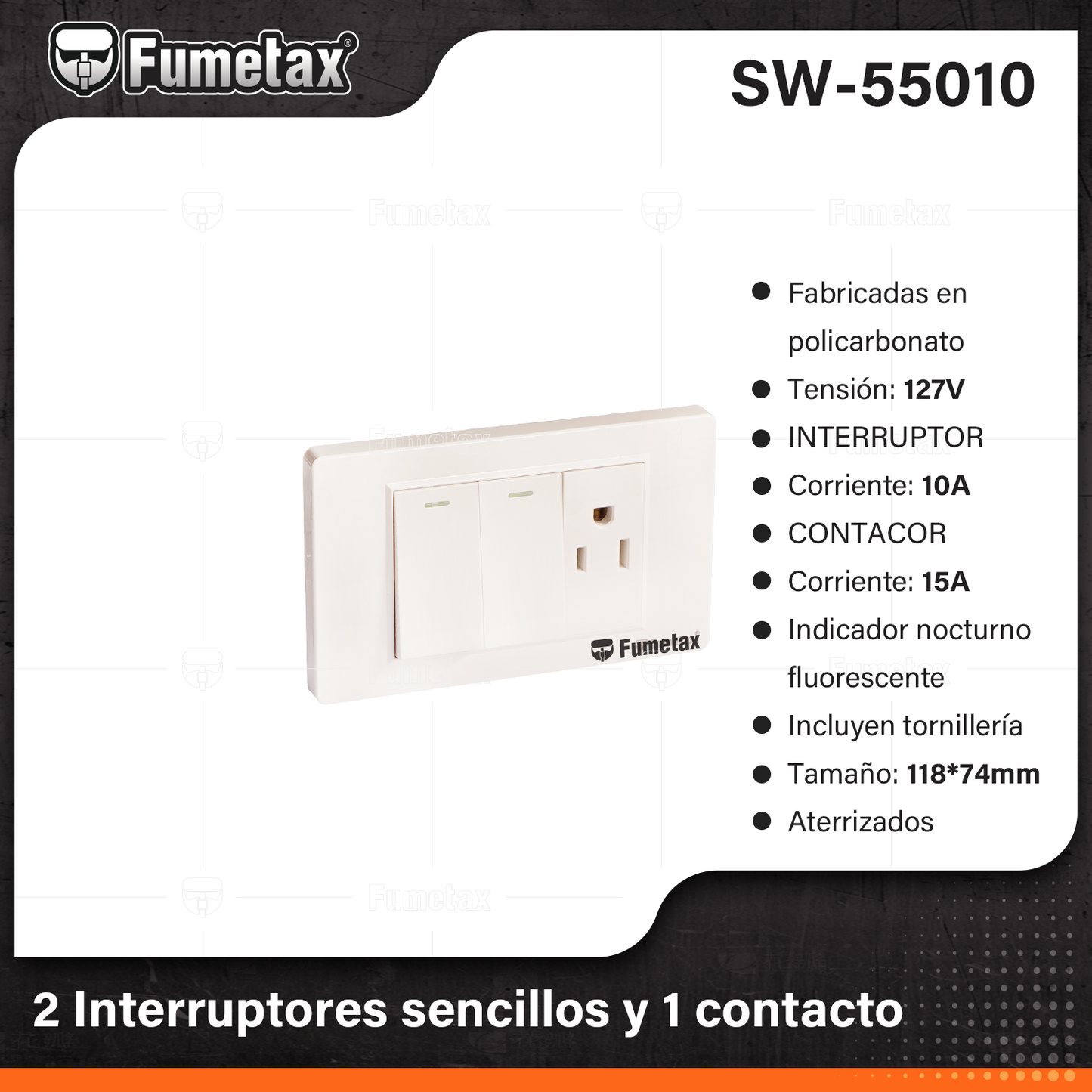 SW-55010-(Caja master 1 CTN=100 SKU)-(MOQ 10 SKU)-Placa armada 2 interruptores,1 contacto
Fabricadas en policarbonato